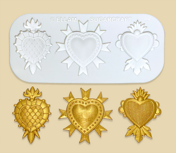 Mexican Sacred hearts mould, 3 cavity white food safe mould, flaming hearts of Jesus by Ellam Sugarcraft