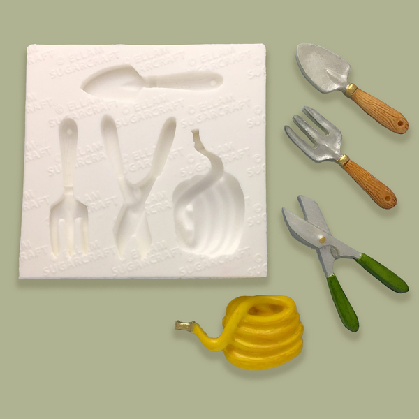 Garden tools, trowel,fork, shears and hose, silicone mould for fondant, chocolate, polymer clay