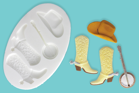 line dancing Cupcake mould-Cowboy Hat, Boots & Banjo Silicone craft cake cupcake Mould - Ellam Sugarcraft Moulds 