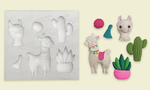 Hand Sculpted llama or alpaca & cactus fiesta cupcake cake craft mould - Ellam Sugarcraft Moulds 