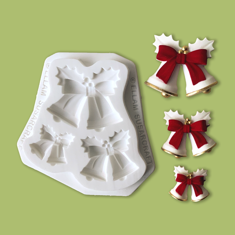 Christmas bells silicone mould, 3 cavity graduated sizes, food safe, designed by Ellam Sugarcraft