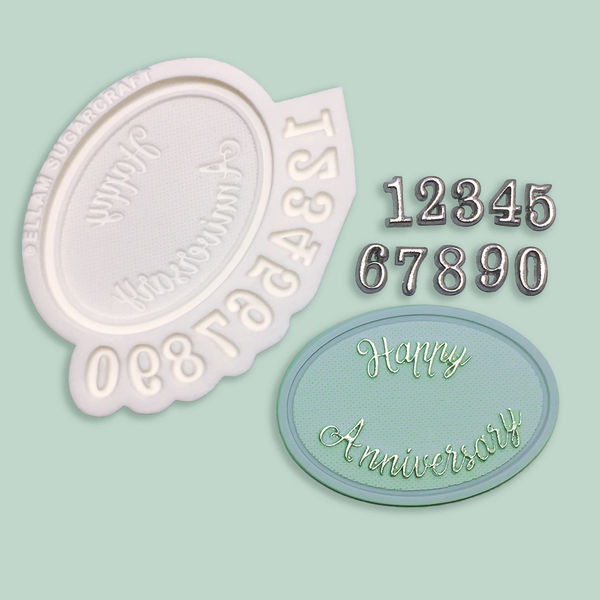 Happy Anniversary cake top plaque mould, with numbers to personalise. food safe craft mould, 85mm x 60mm