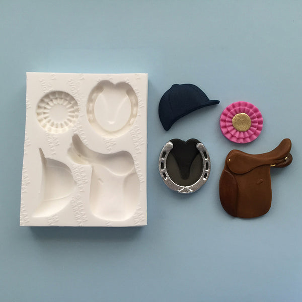 Riding themed silicone mould 4 cavity, saddle, rosette, riding hat, horseshoe,  food safe cake craft mould, 